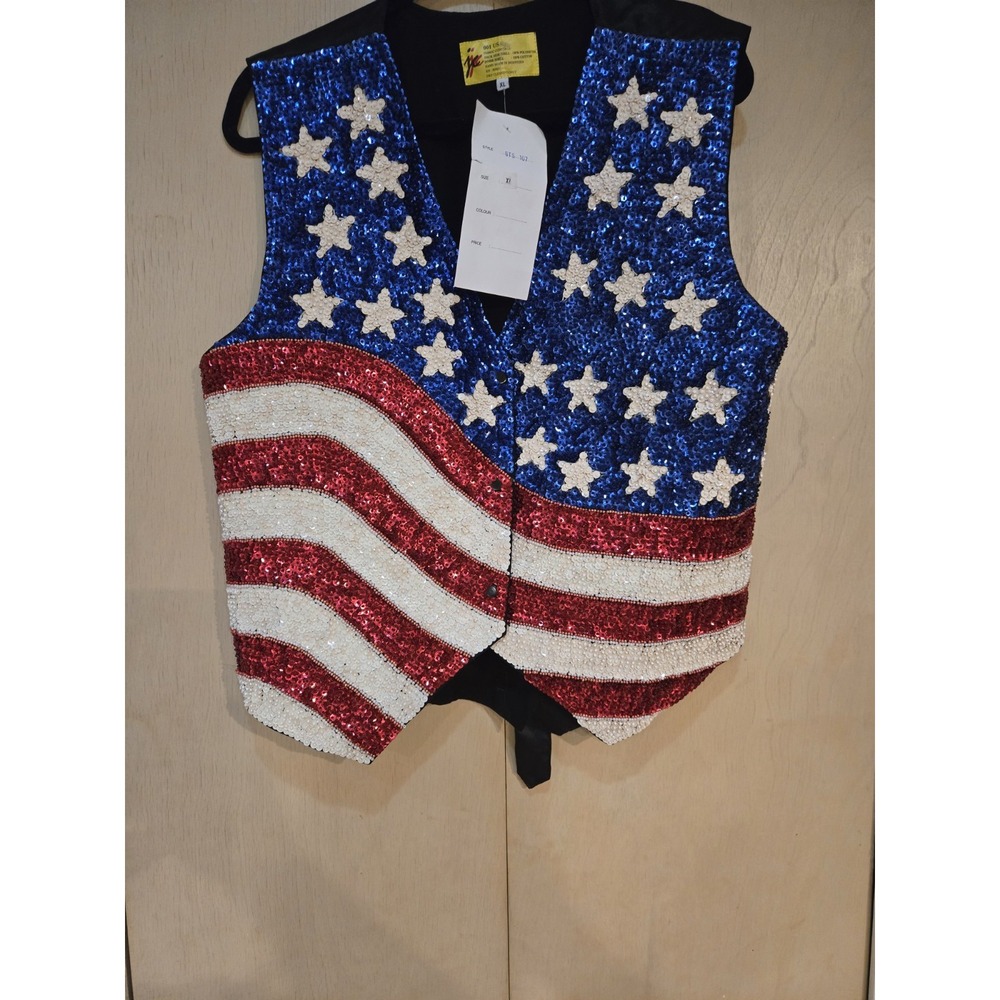 NWT 001 USA American Flag Sequin Vest Womens XL Patriotic Stars Stripes Beaded